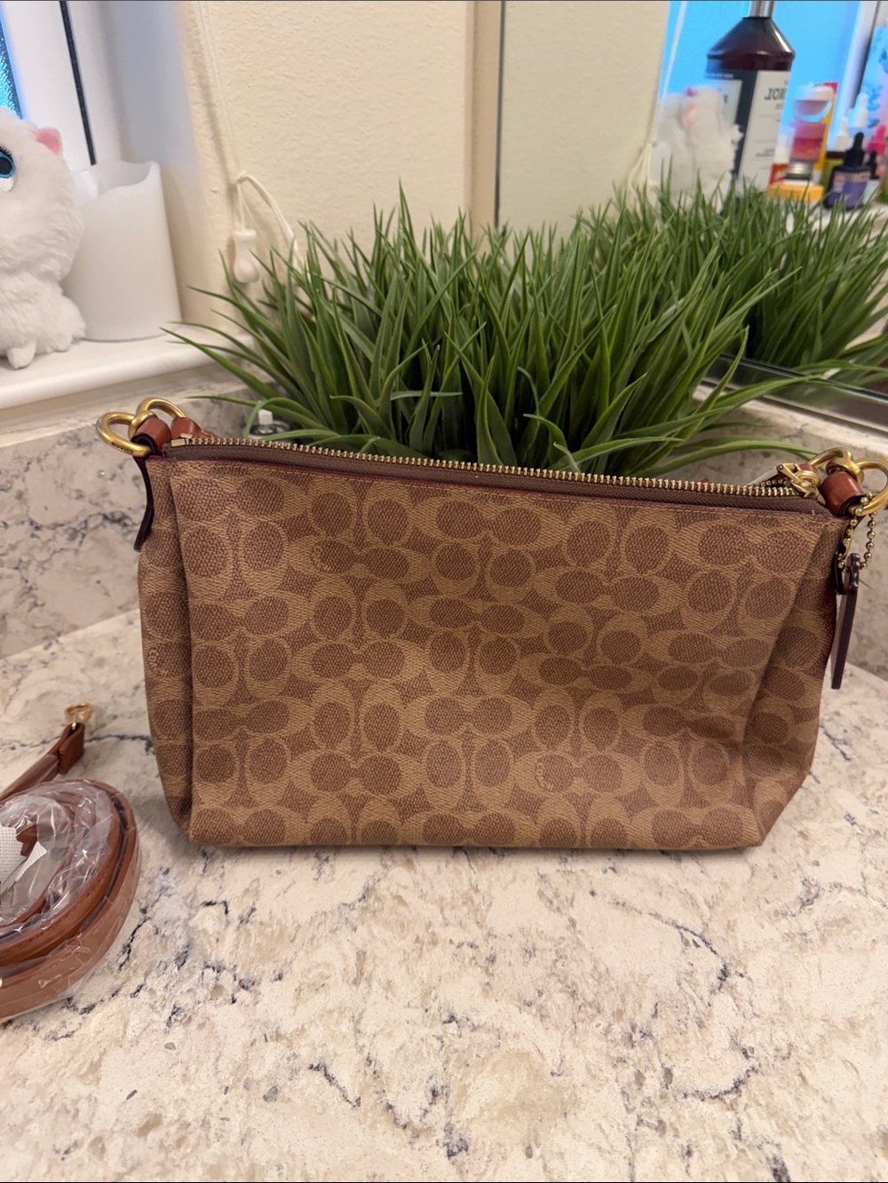 Coach Brown Signature Canvas Shoulder Bag with Gold Hardware